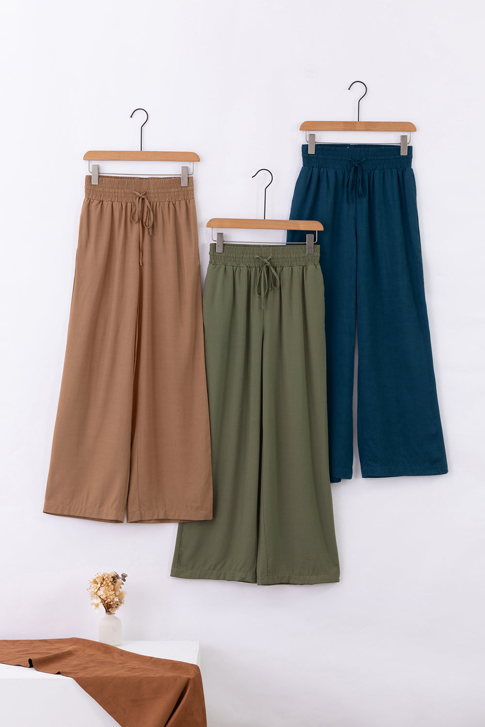 Pantalon large décontracté à taille élastique avec cordon de serrage vert marron