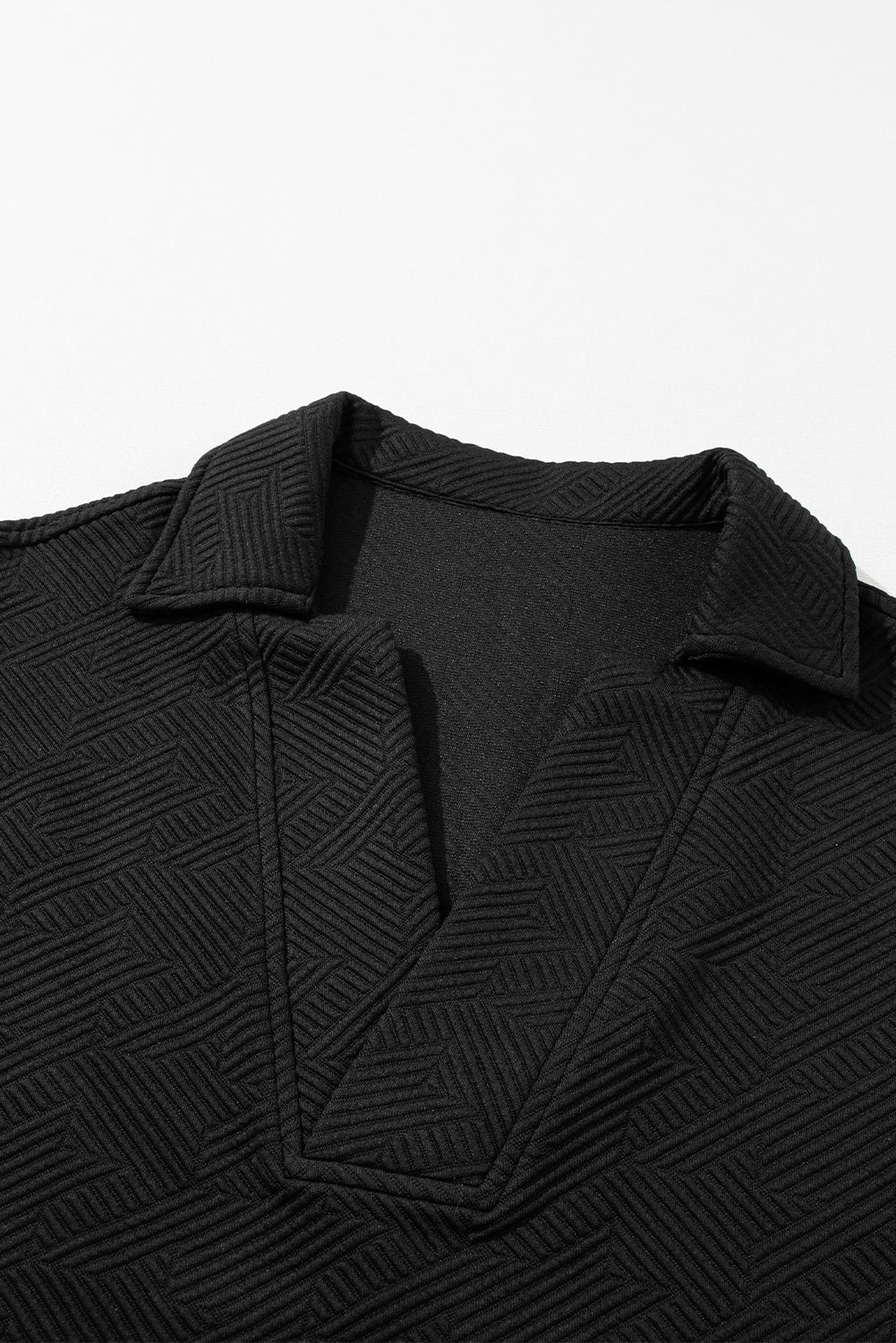 Black Textured V Neck Collared Short Sleeve Top