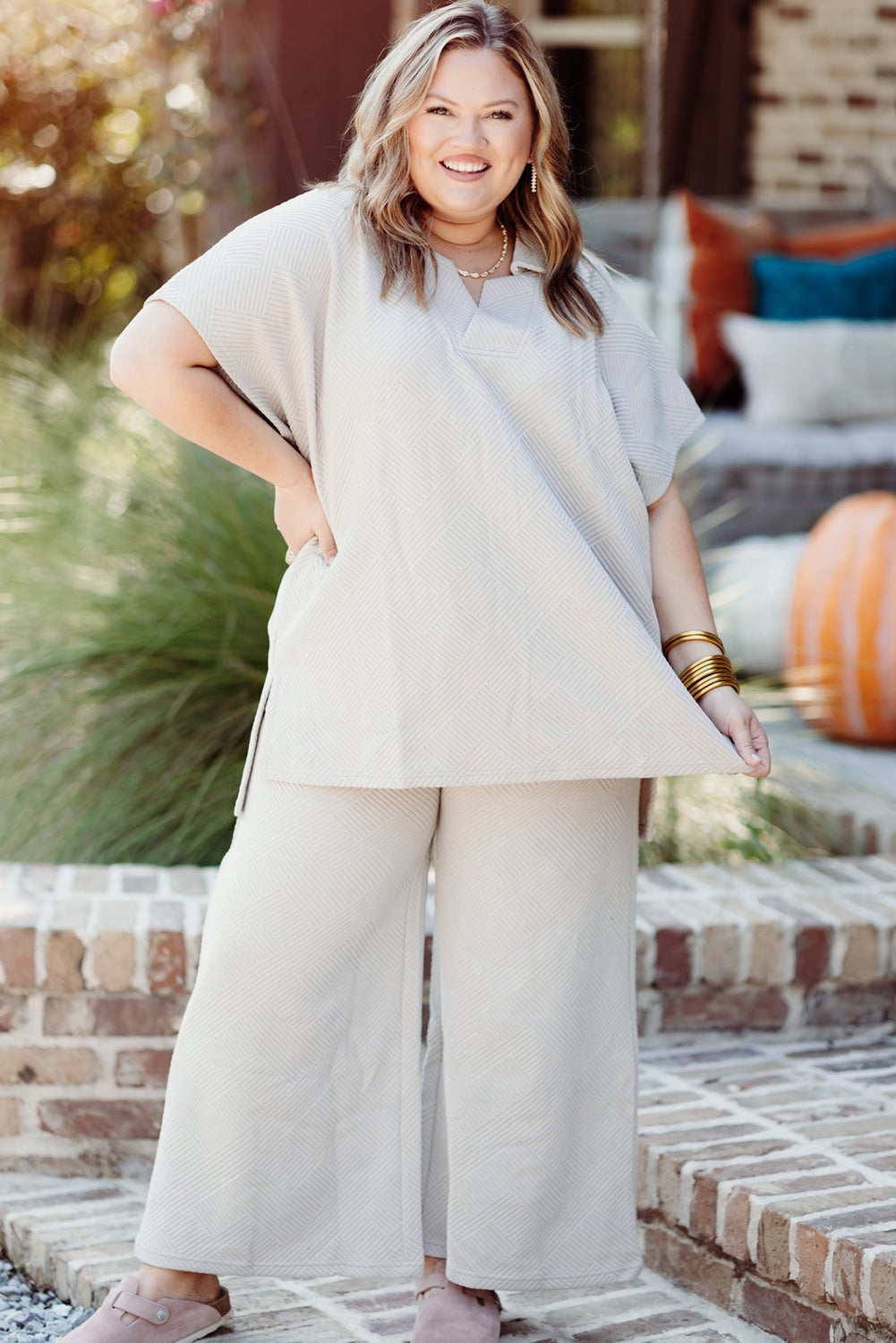 Beige Plus Size Textured Collared Top and Pants Set
