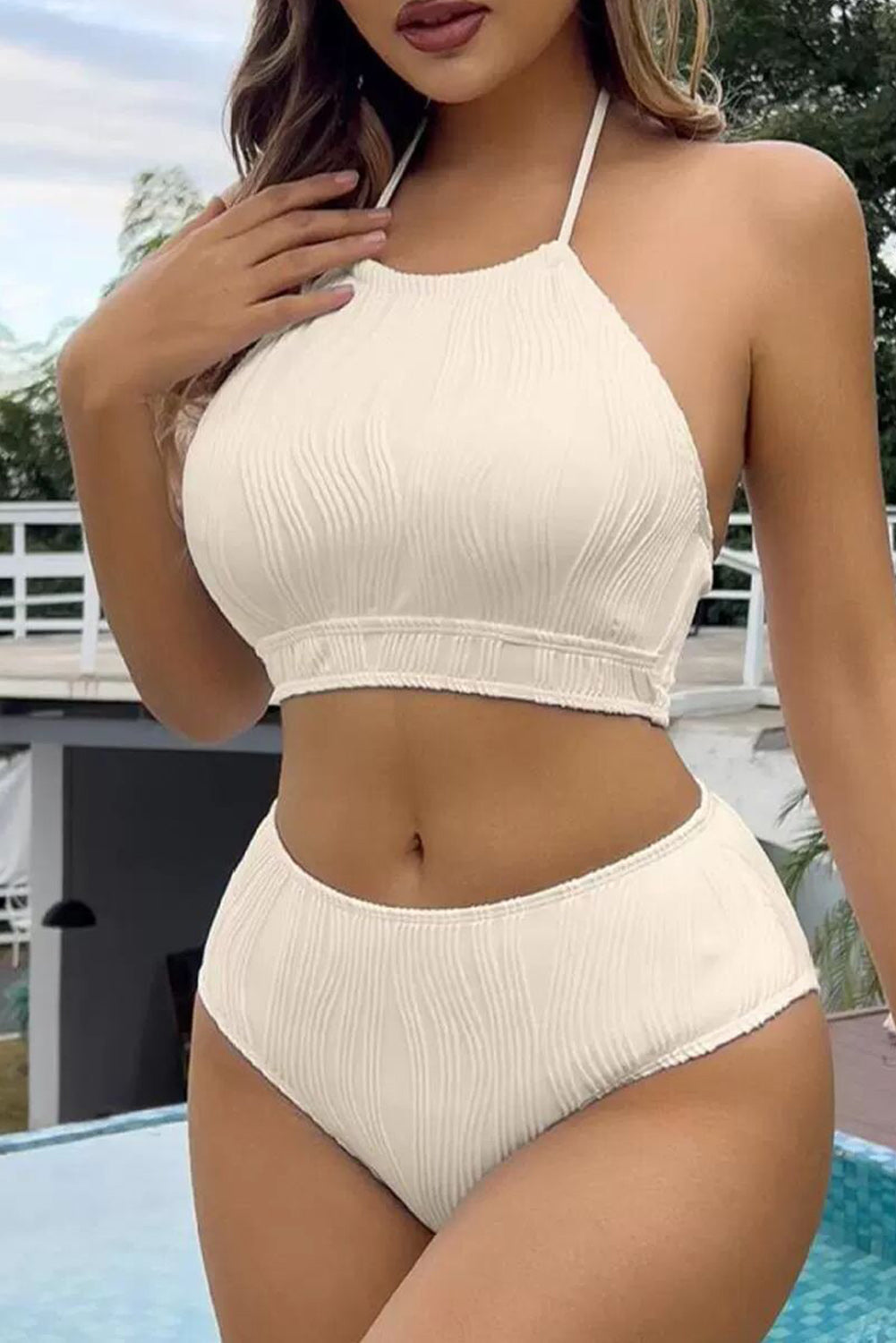 Beige Textured O Ring Connected Halter Backless Bikinis