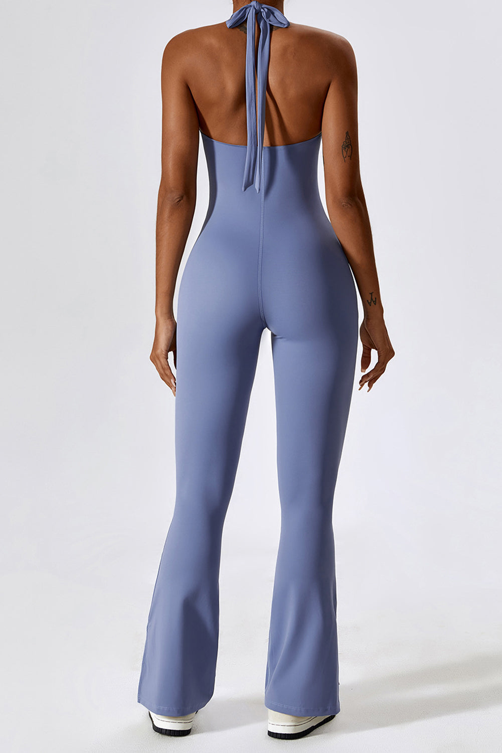 Sky Blue Halter V Neck Open Back Split Flared Leg Yogo Jumpsuit