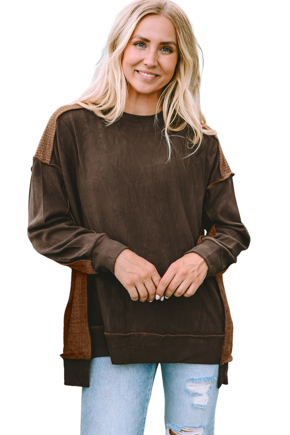 Brown Exposed Seam Patchwork Ribbed Knit Oversized Top
