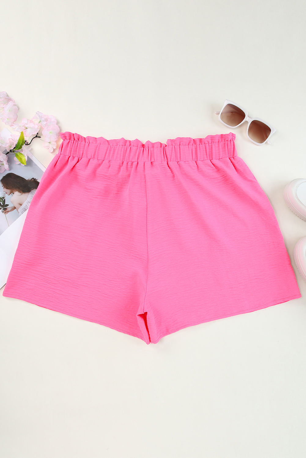 Rosa Paperbag-Shorts mit hoher Taille, strukturiert, Freizeitshorts in Übergröße