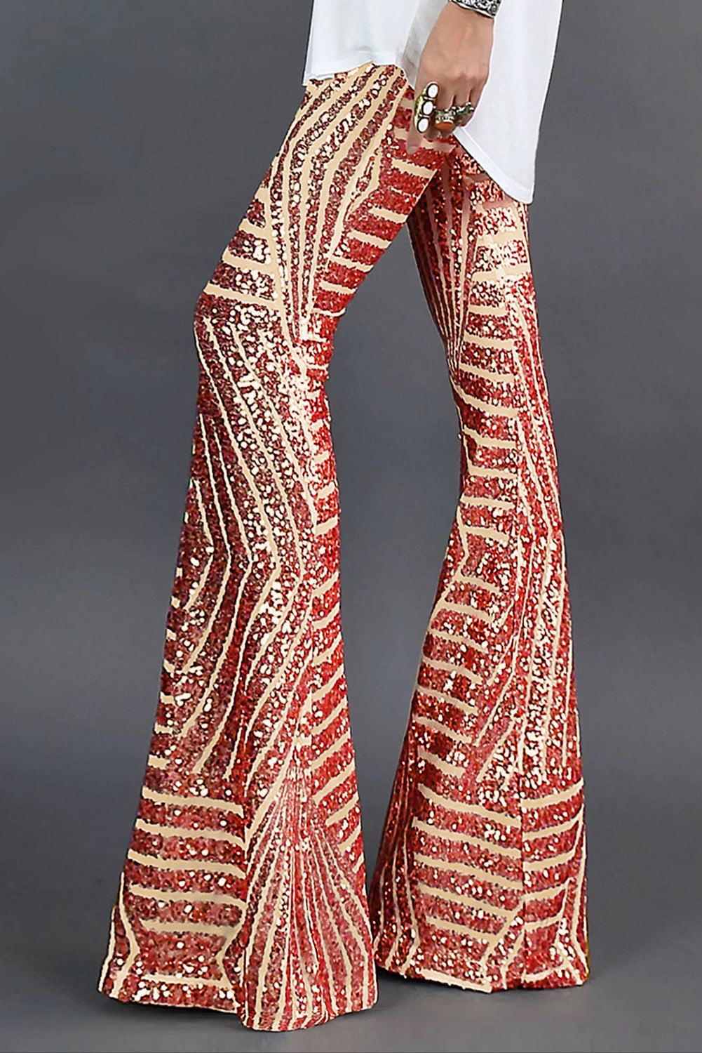 Pantaloni a gamba larga con paillettes rosso fuoco