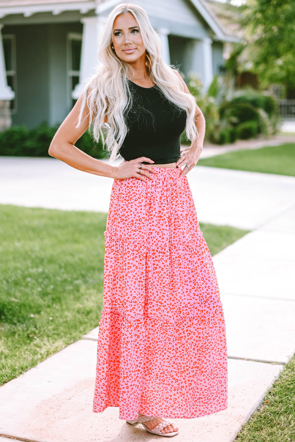 Pink Leopard Print Frilled Drawstring High Waist Maxi Skirt