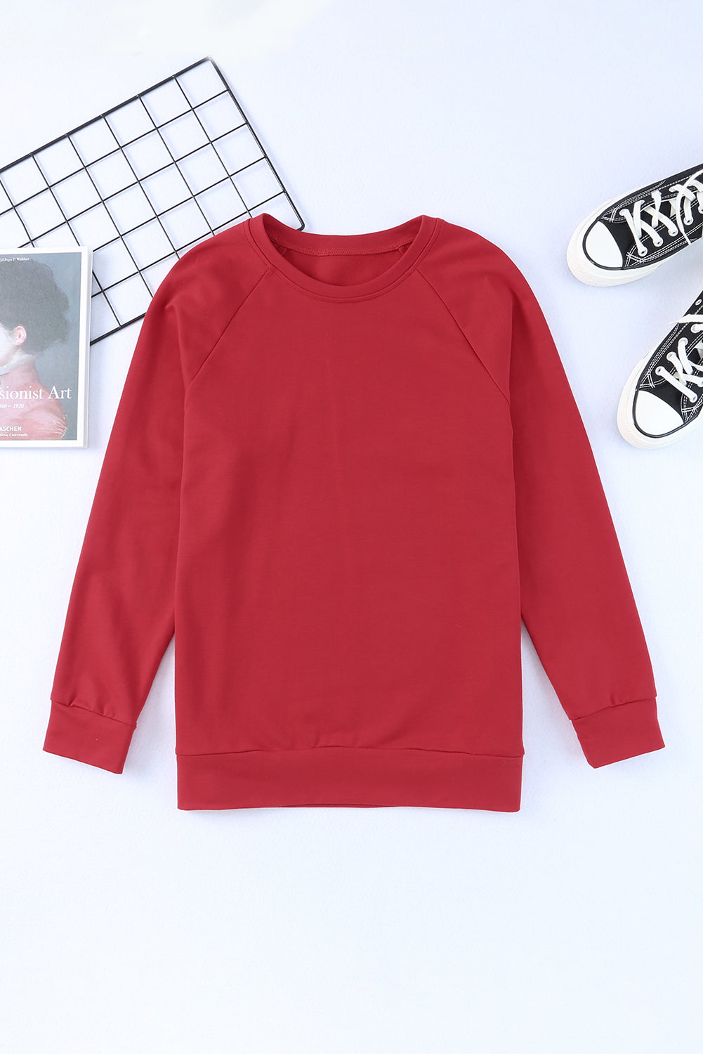 Feuriges rotes, einfarbiges Sweatshirt mit Raglanärmeln und Rundhalsausschnitt