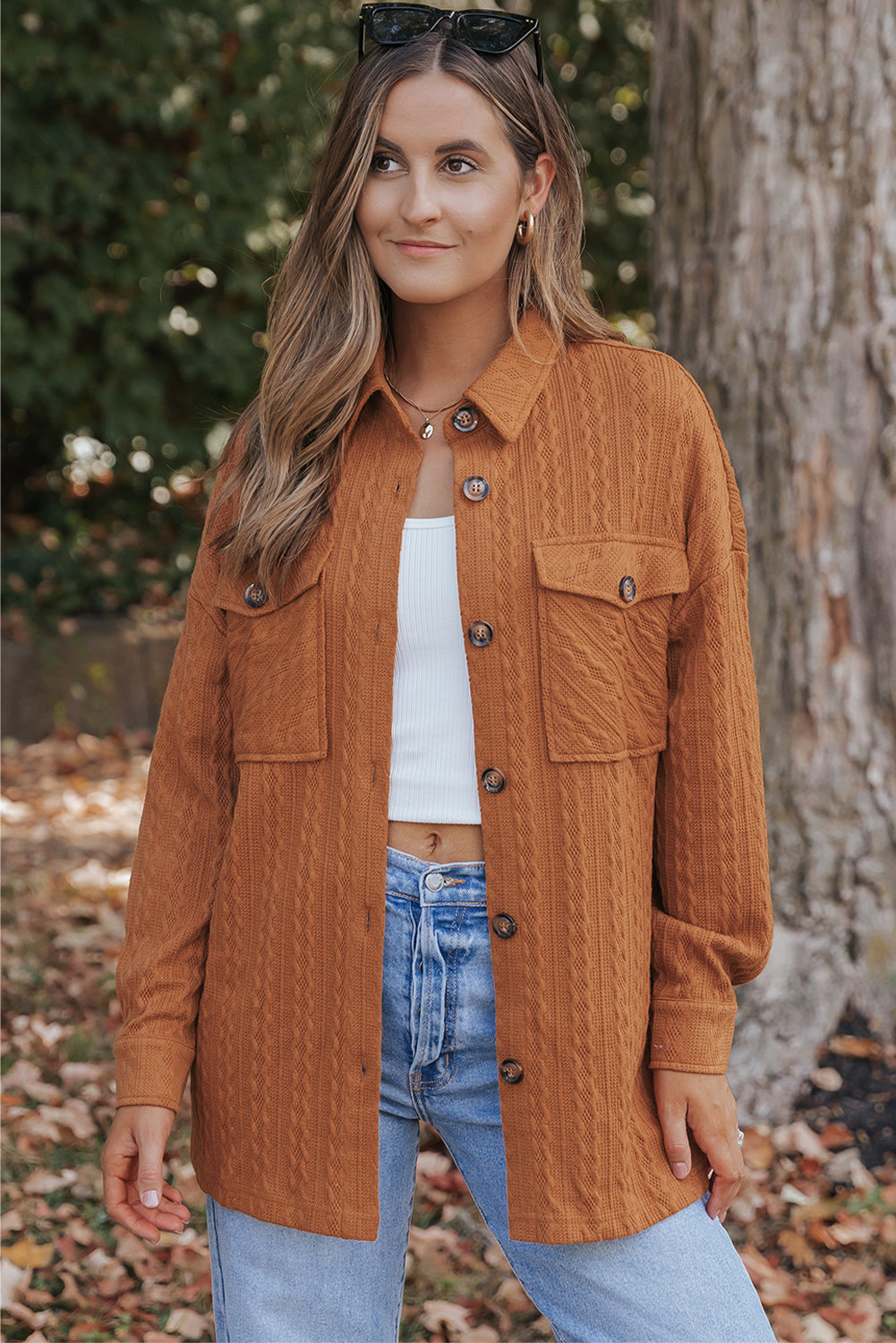 Narančasta teksturirana pletena prevelika jakna s preklopnim džepom