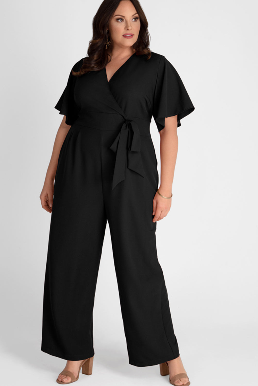 Black V Neck Tie Knot High Waist Plus Size Jumpsuit