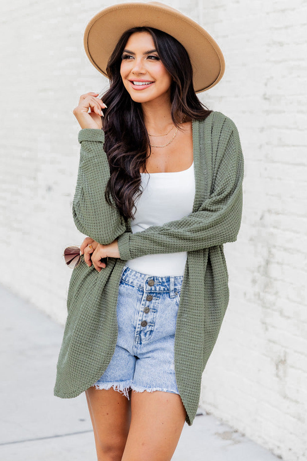 Cardigan ouvert sur le devant en tricot gaufré Laurel Green