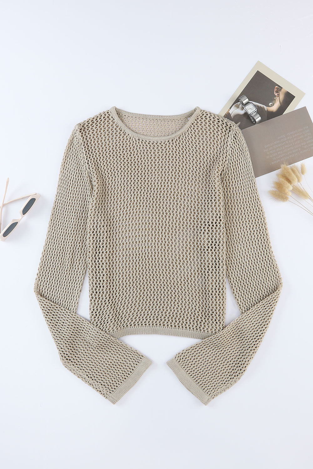 Khaki Hollow-out Knit Long Sleeve Top