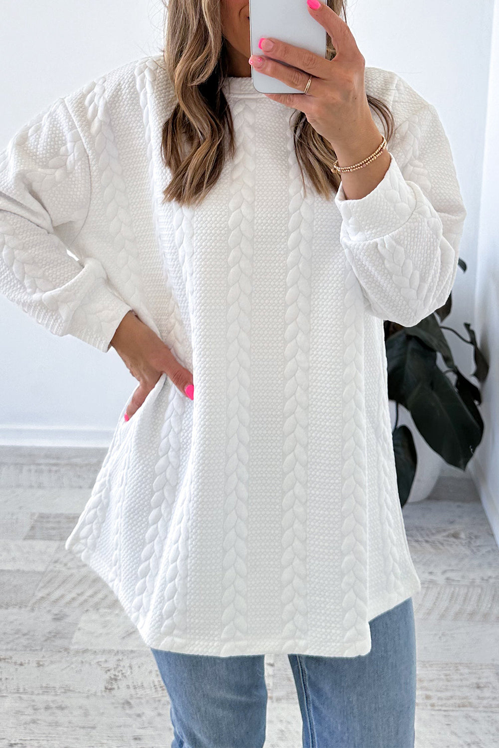 White Cable Textured Long Sleeve Round Neck Top