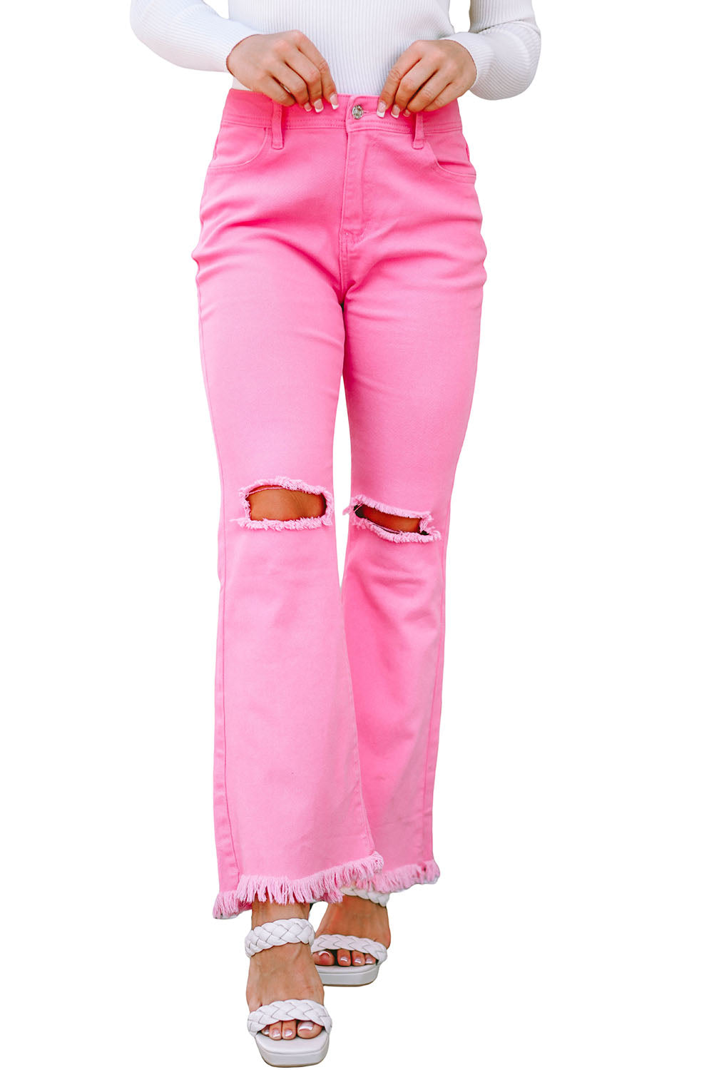 Vintage ružičaste traperice visokog struka s širokim nogavicama s poderanim neobrađenim porubom