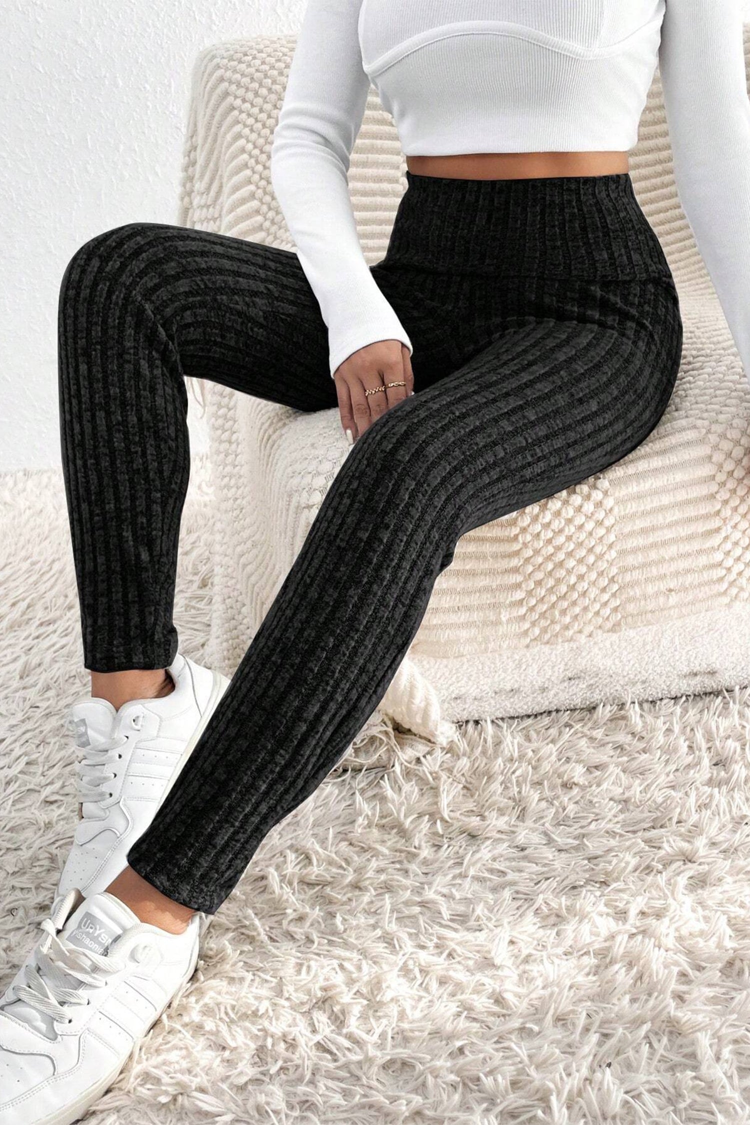 Legging noir en tricot texturé côtelé à large taille