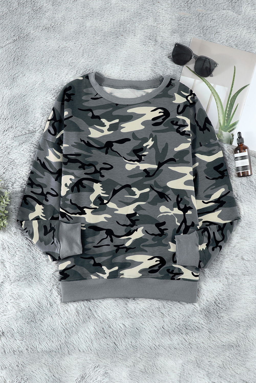 Green Camouflage Pullover Sweatshirt with Slits