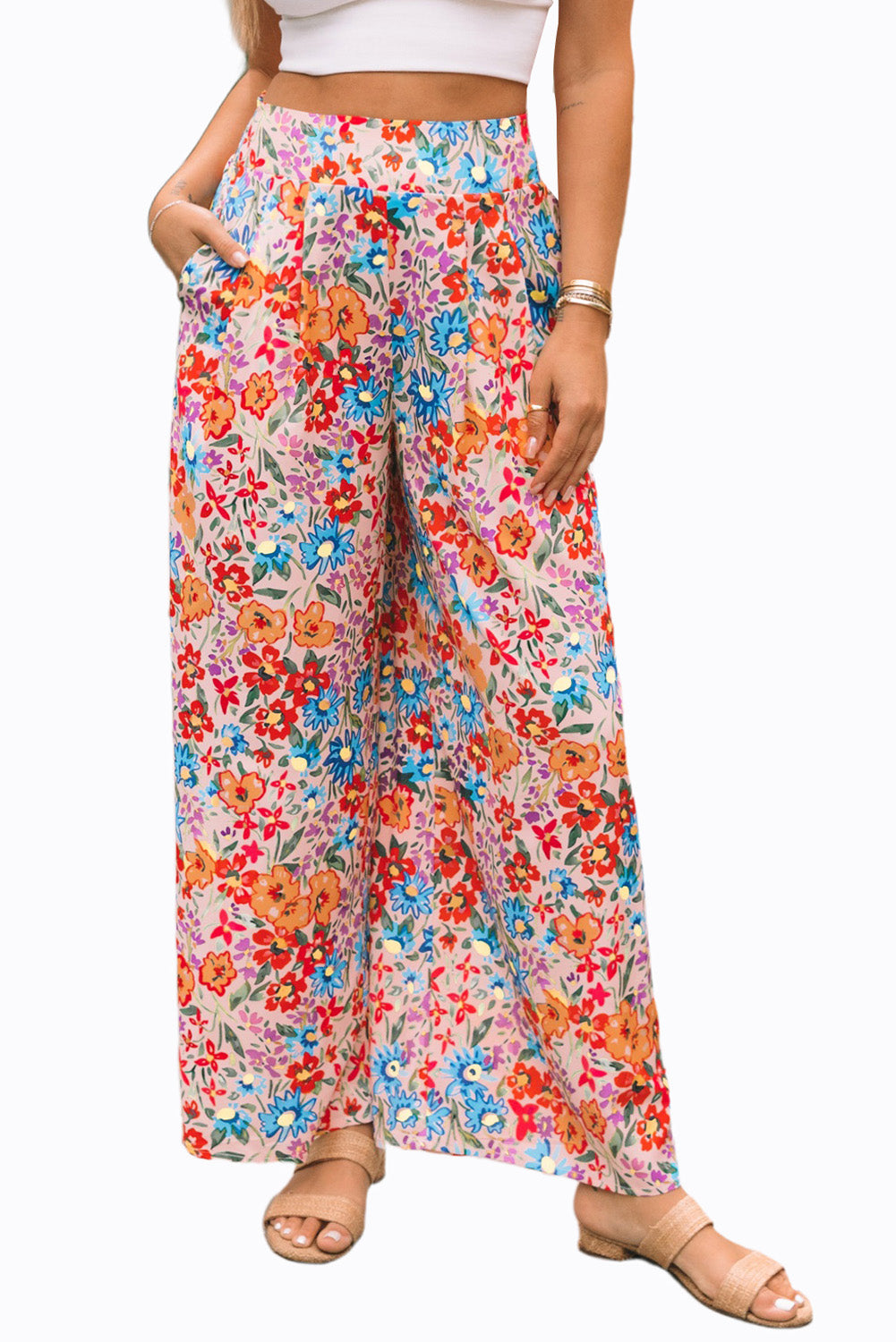 Pantaloni oversize con gamba larga con tasche e stampa floreale multicolor