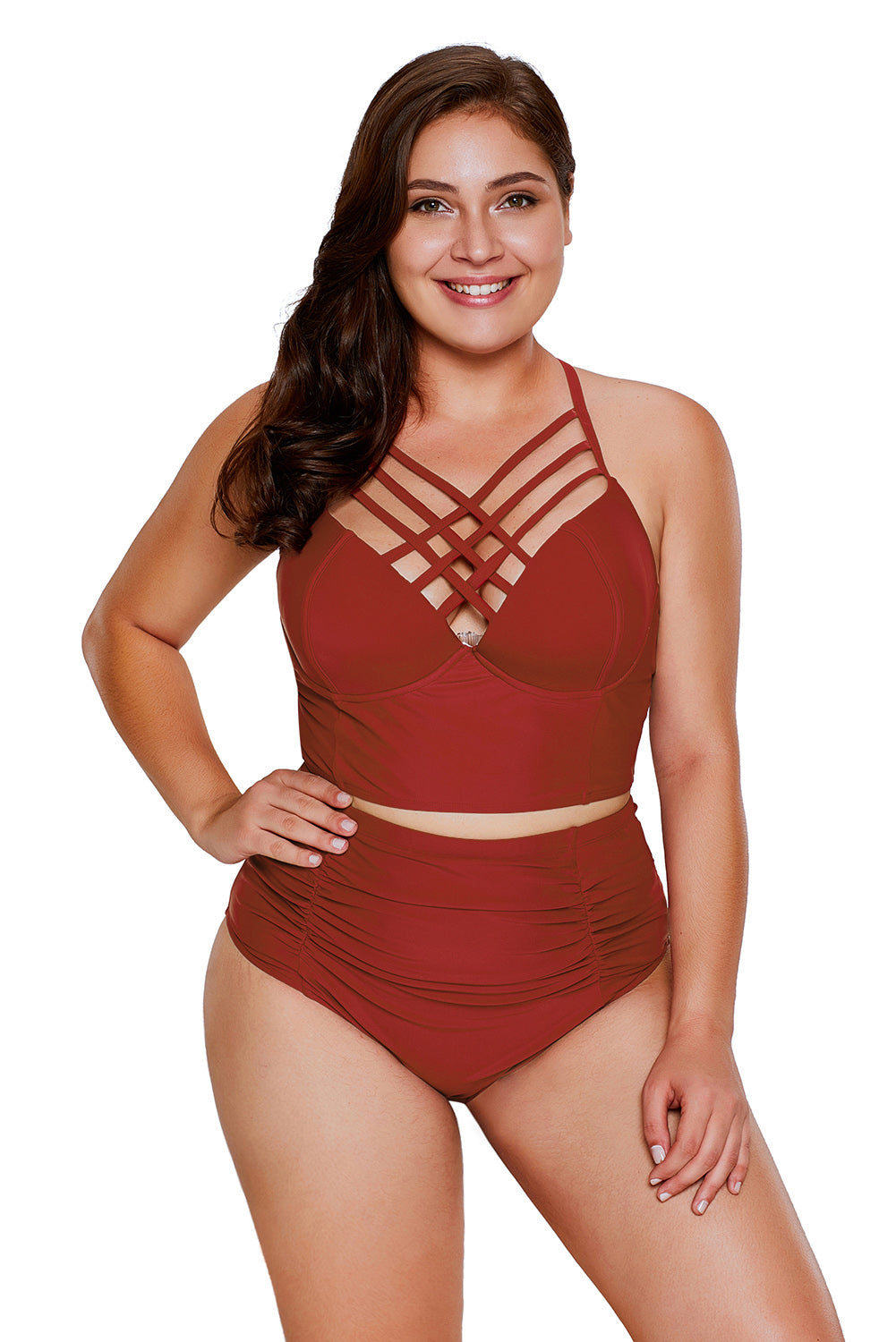 Red Strappy Neck Detail High Waist Plus Size Swimsuit