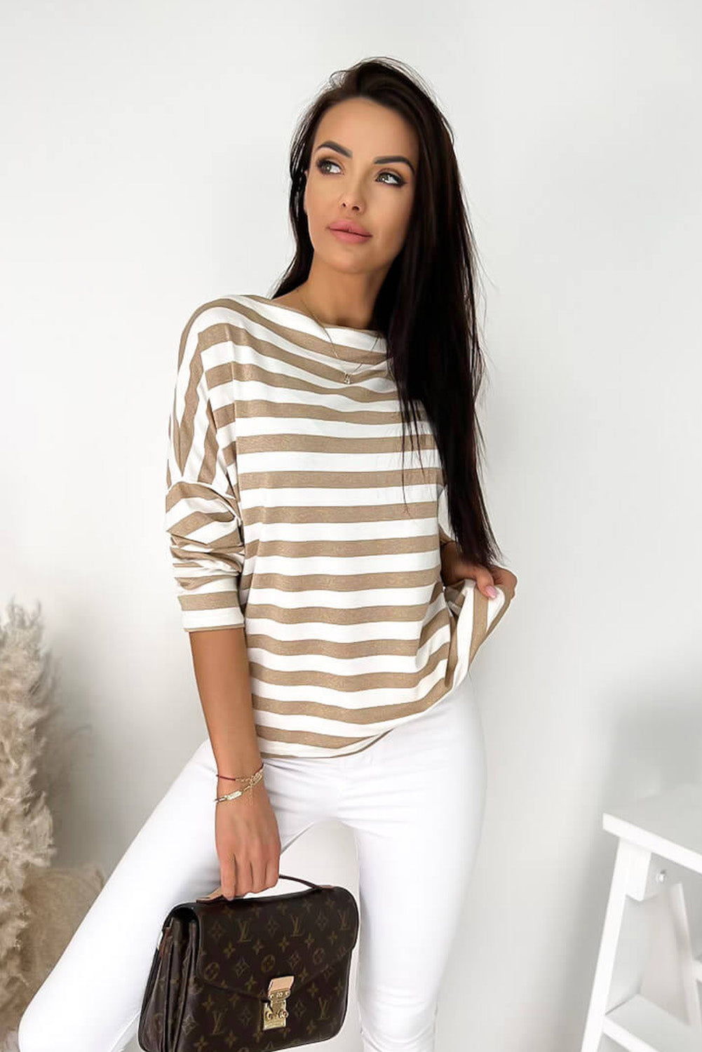 Khaki Striped Boat Neck Long Sleeve Top