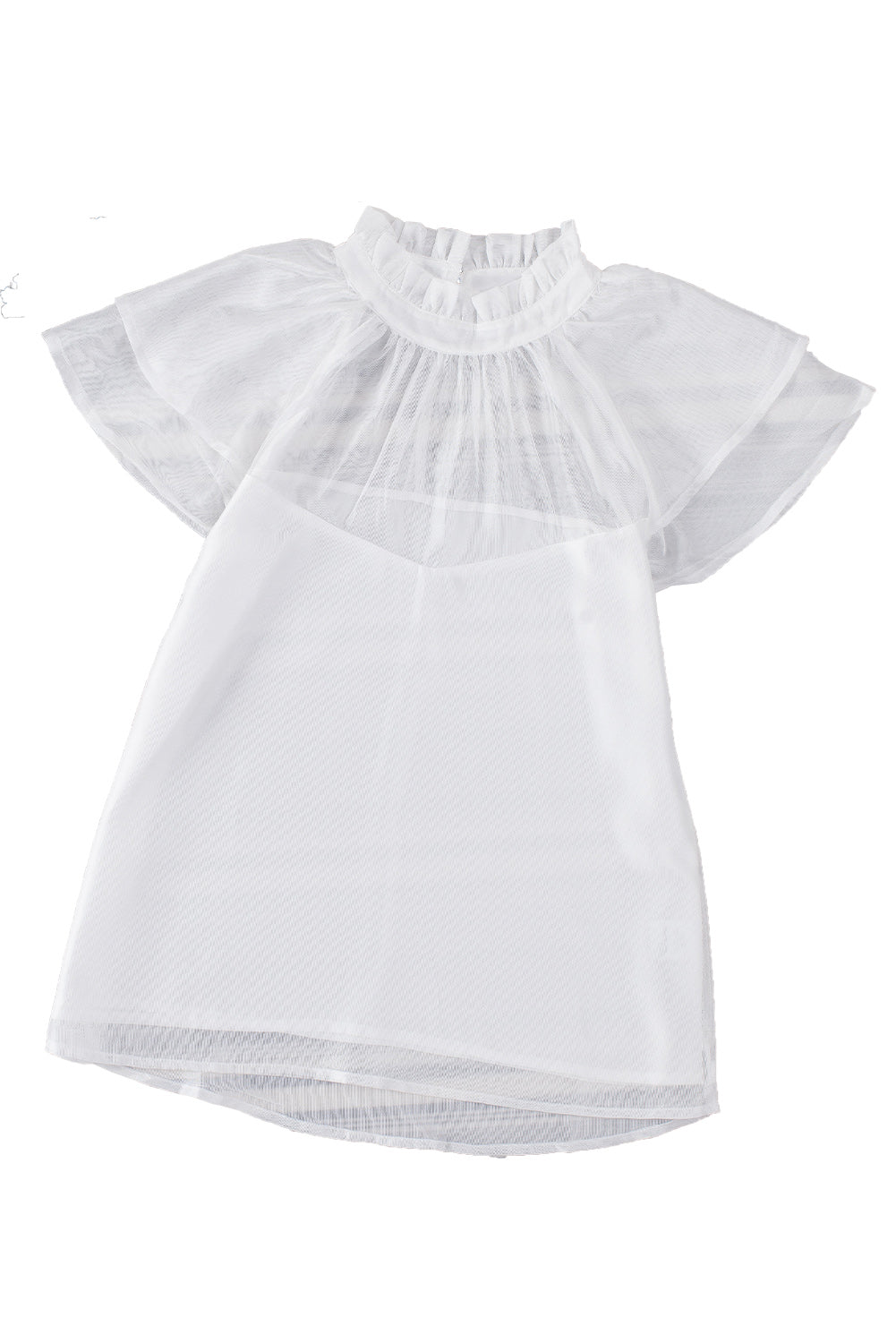 Weiße, transparente Bluse mit gespleißtem Stehkragen und Rüschenärmeln