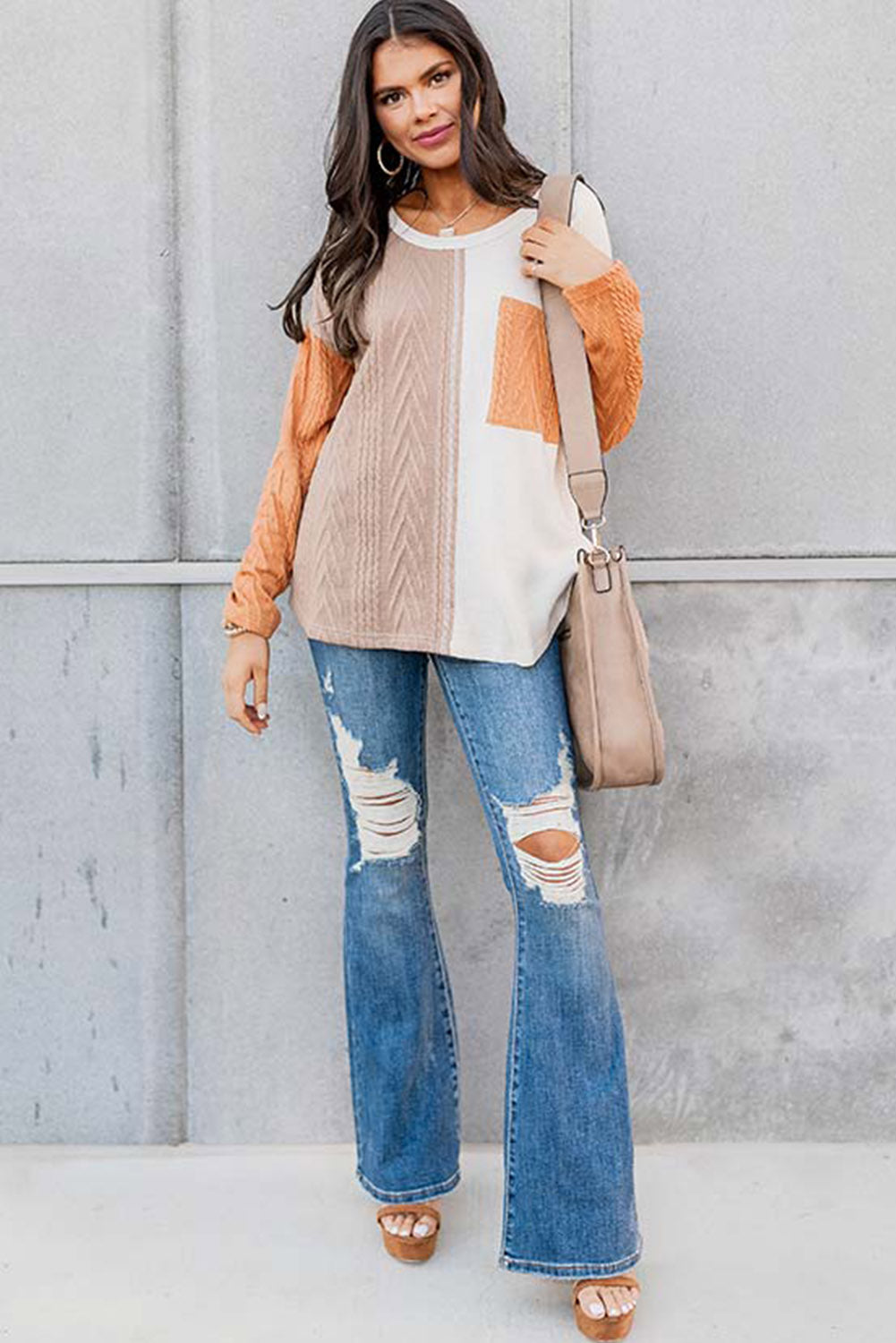 Peach Blossom Long Sleeve Colorblock Chest Pocket Textured Knit Top