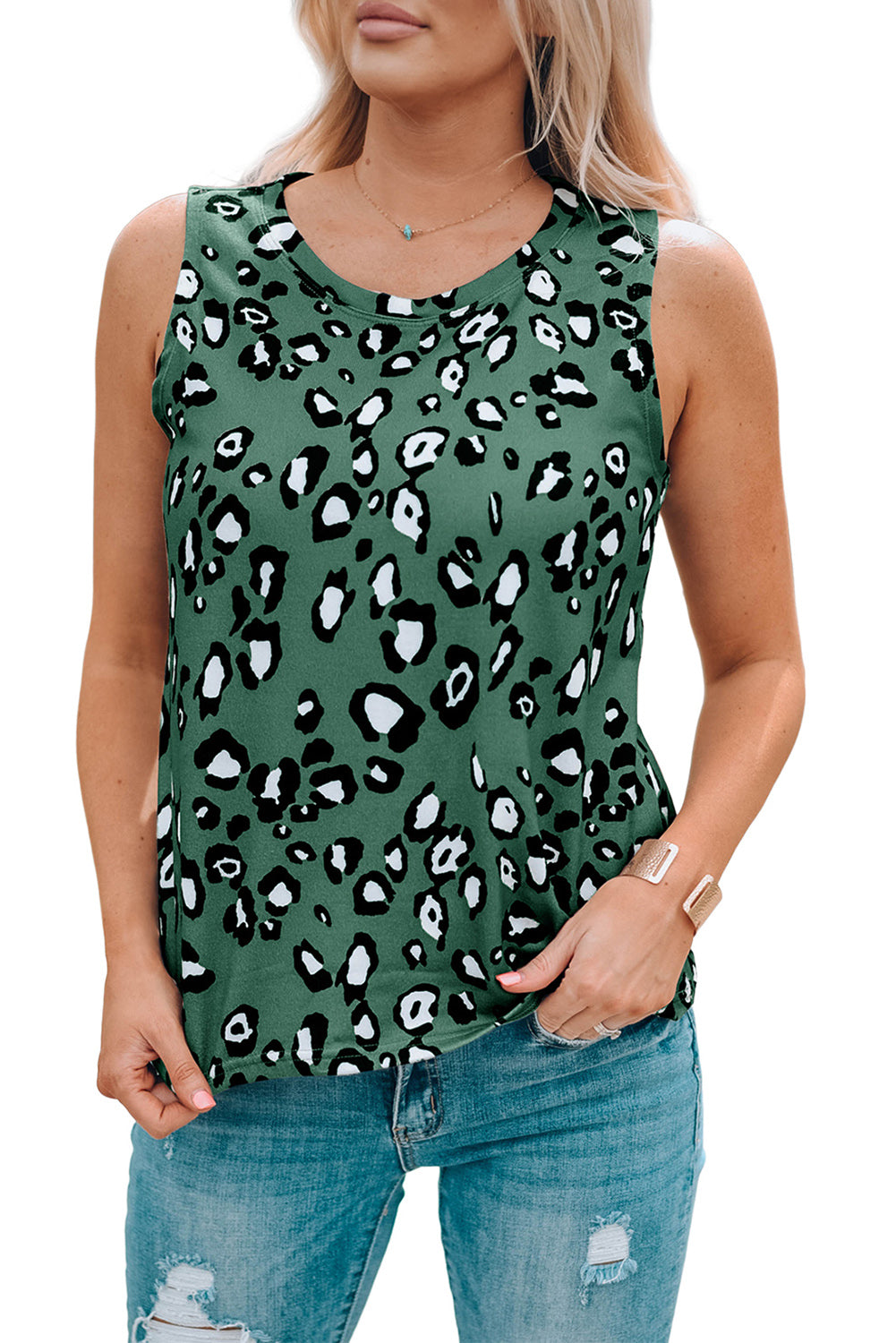 Majica brez rokavov z zelenim leopardjim vzorcem in okroglim izrezom