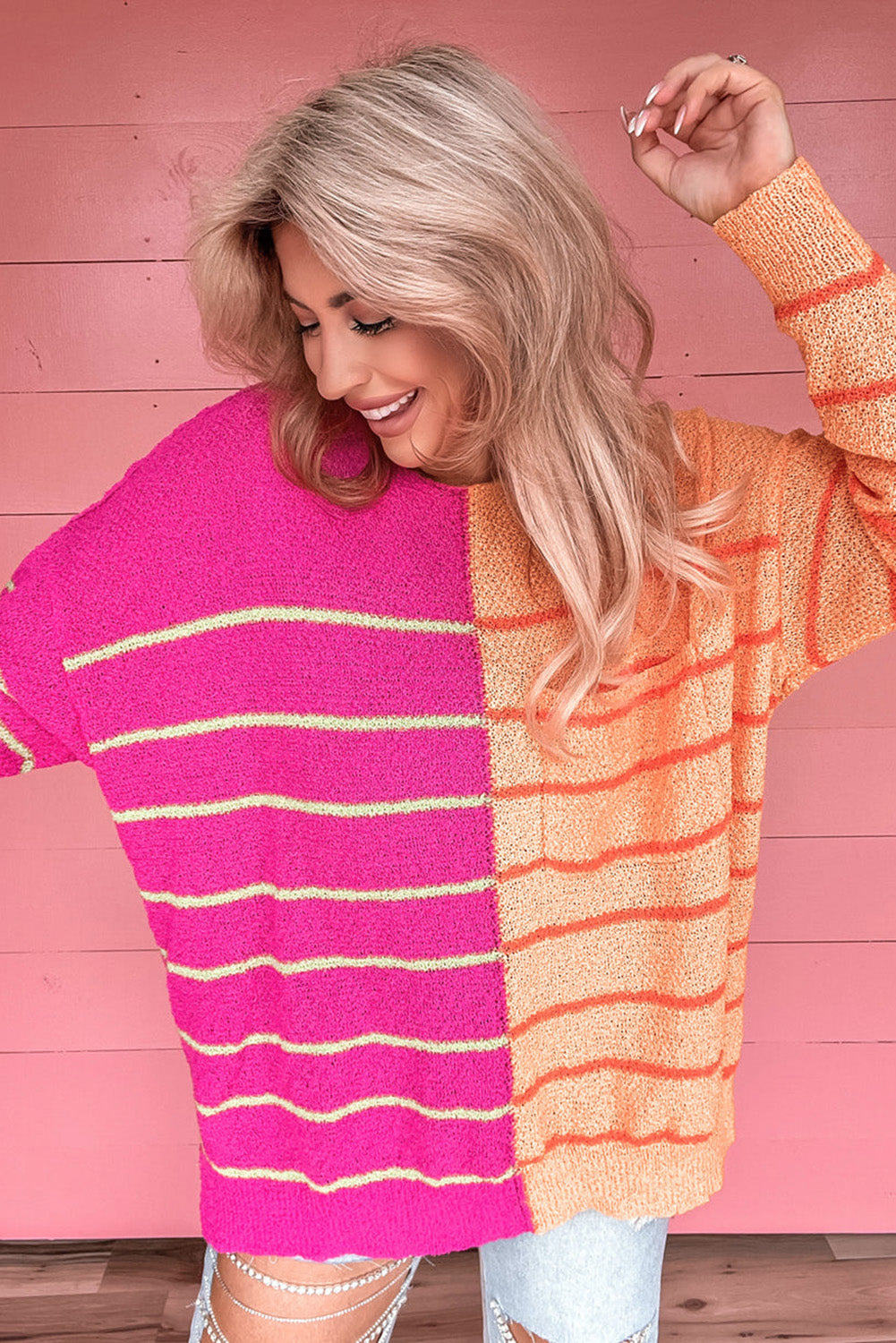 Večbarvni črtasti barvni blok ohlapen pleten pulover