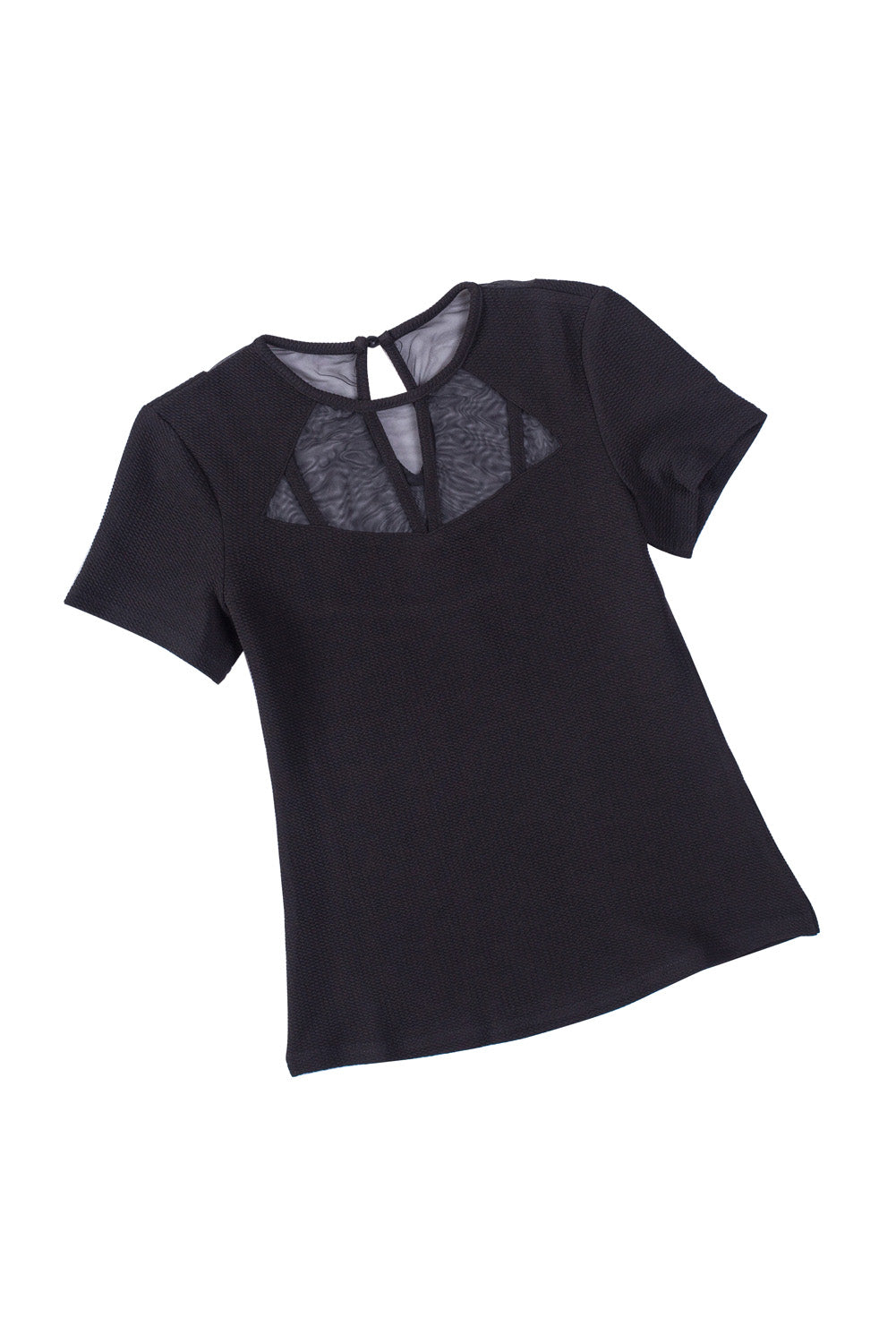 Schwarzes Kurzarm-T-Shirt aus Kontrast-Mesh-Strick