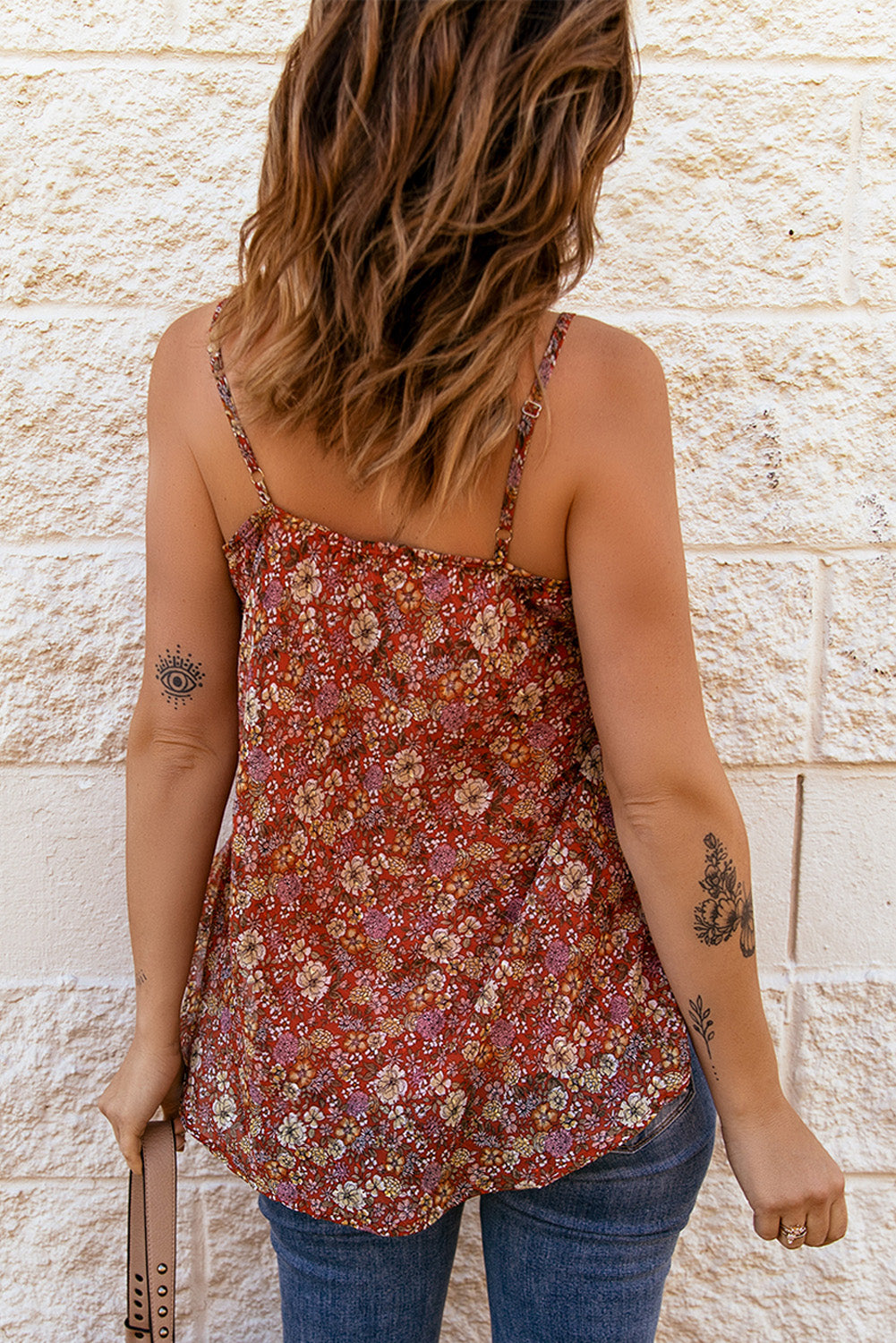 Fiery Red Floral Print Loose Spaghetti Strap Cami Top
