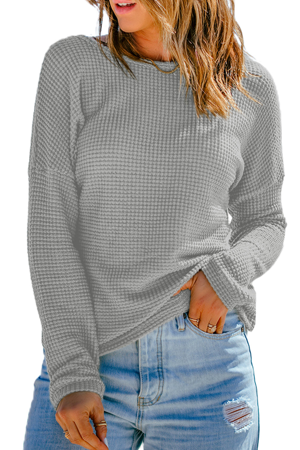 Top a maniche lunghe con spalle scese in maglia a nido d'ape grigio chiaro