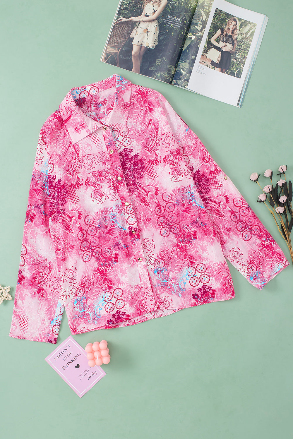 Rose Baroque Floral Roll-tab Sleeve Shirt