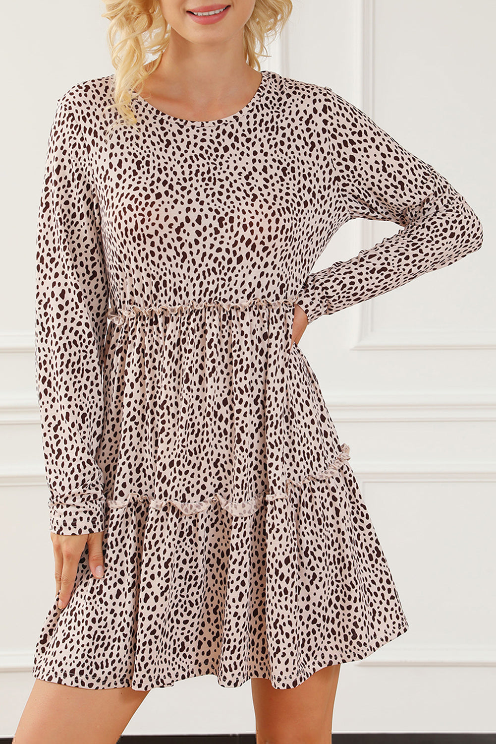 Večplastna obleka z dolgimi rokavi z živalskim vzorcem leoparda