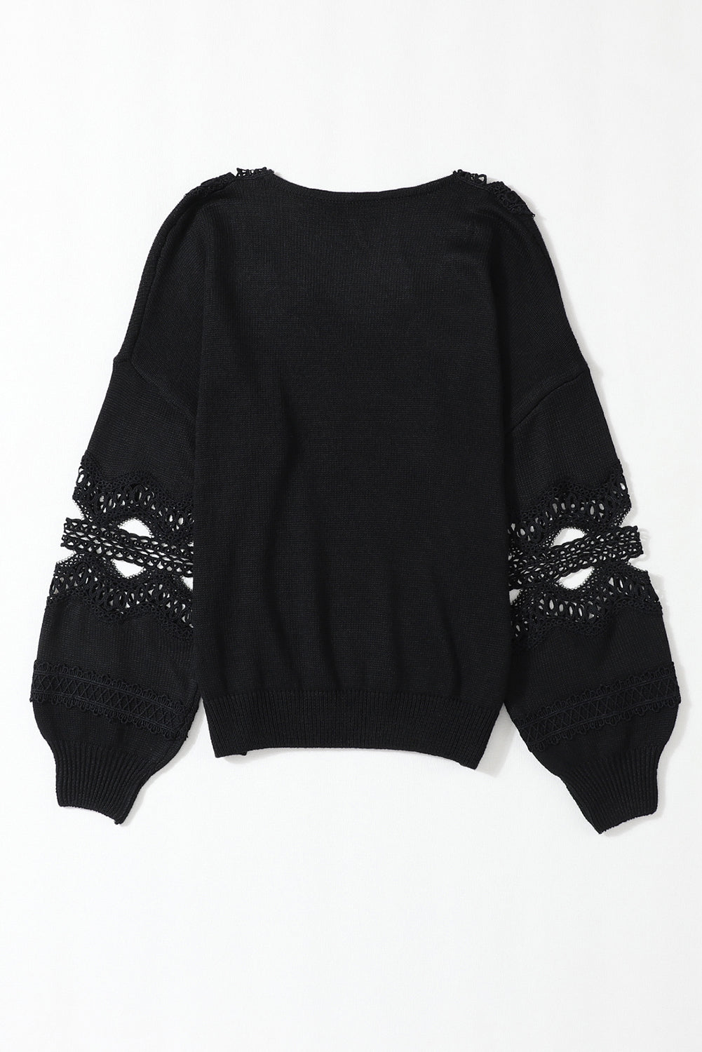 Black Hollowed Lace Splicing V Neck Loose Sweater
