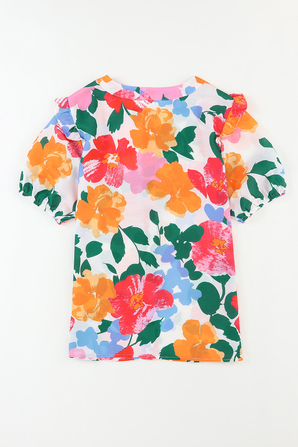 Mehrfarbiges Hemd mit Blumendruck, Rüschenbesatz und Puffärmeln