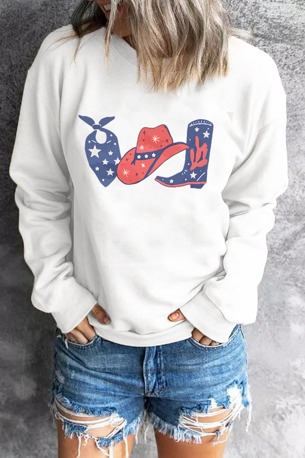 Scarf Hat Boot Print White Sweatshirt