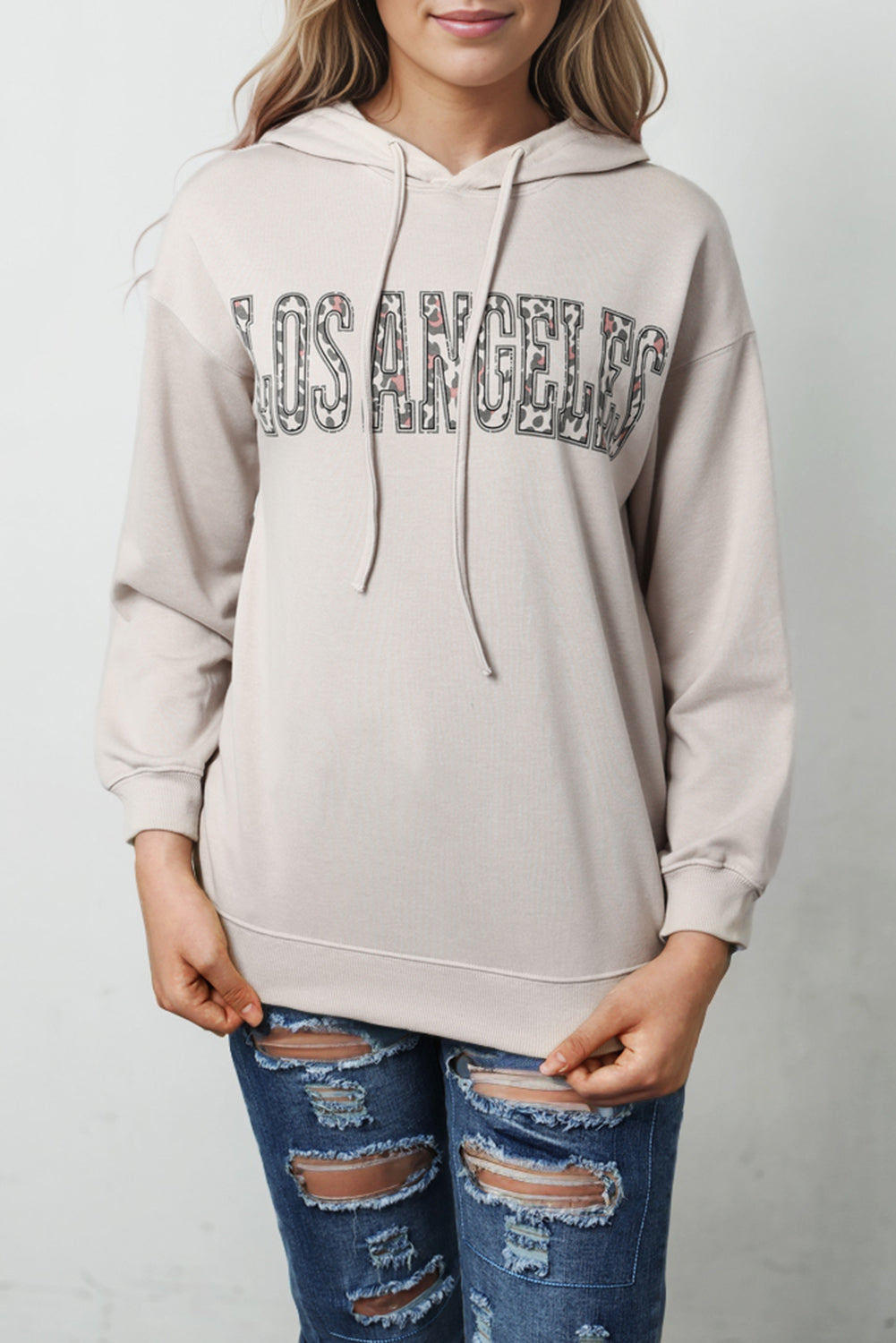 Kaki - Sweat-shirt à capuche avec motif léopard et lettre LOS ANGELES