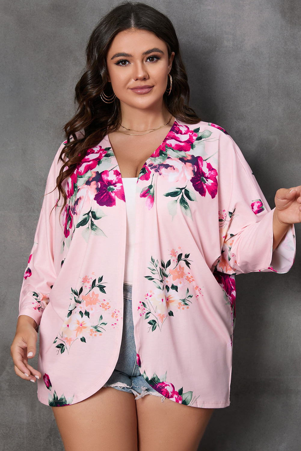 Kimono rosa con stampa floreale taglie forti