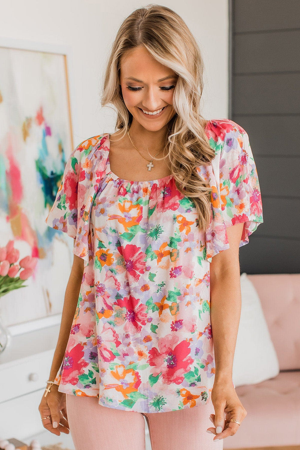 Mehrfarbige Bluse mit Aquarell-Blumenmuster, eckigem Ausschnitt und Rüschenärmeln