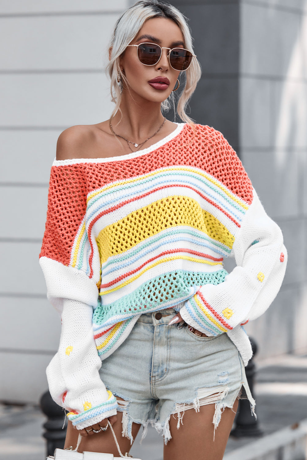 Multicolor Hollow Striped Knit Contrast Sleeve Sweater