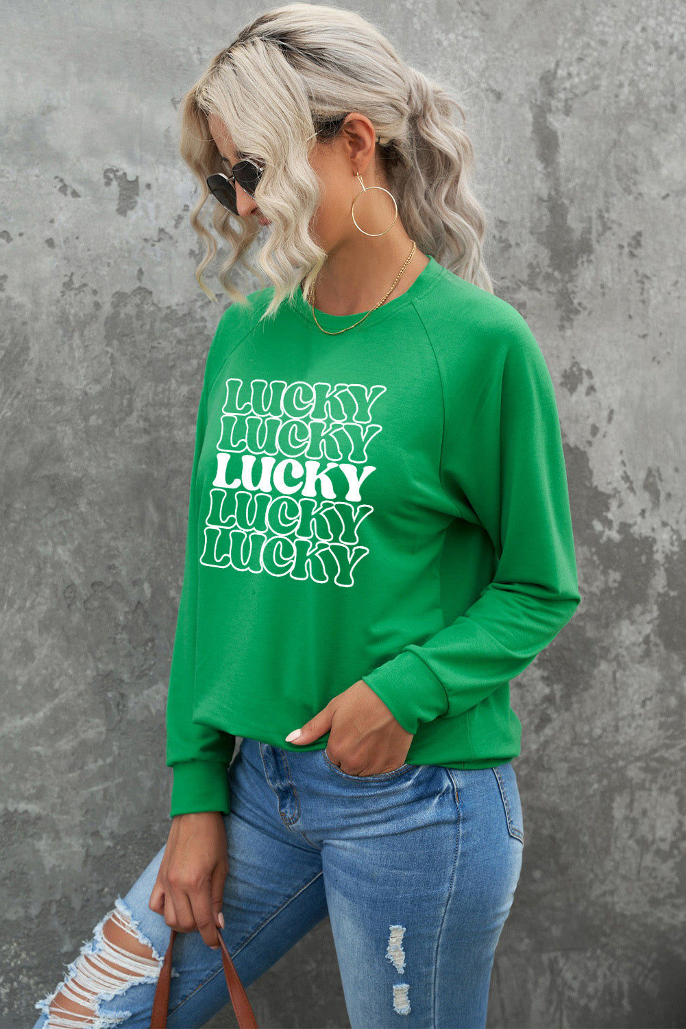 Green Lucky Letter Print Crewneck Long Sleeve Sweatshirt