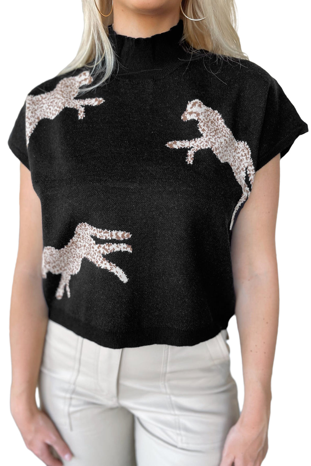 Maglione a maniche corte a collo alto con motivo ghepardo vivace color albicocca