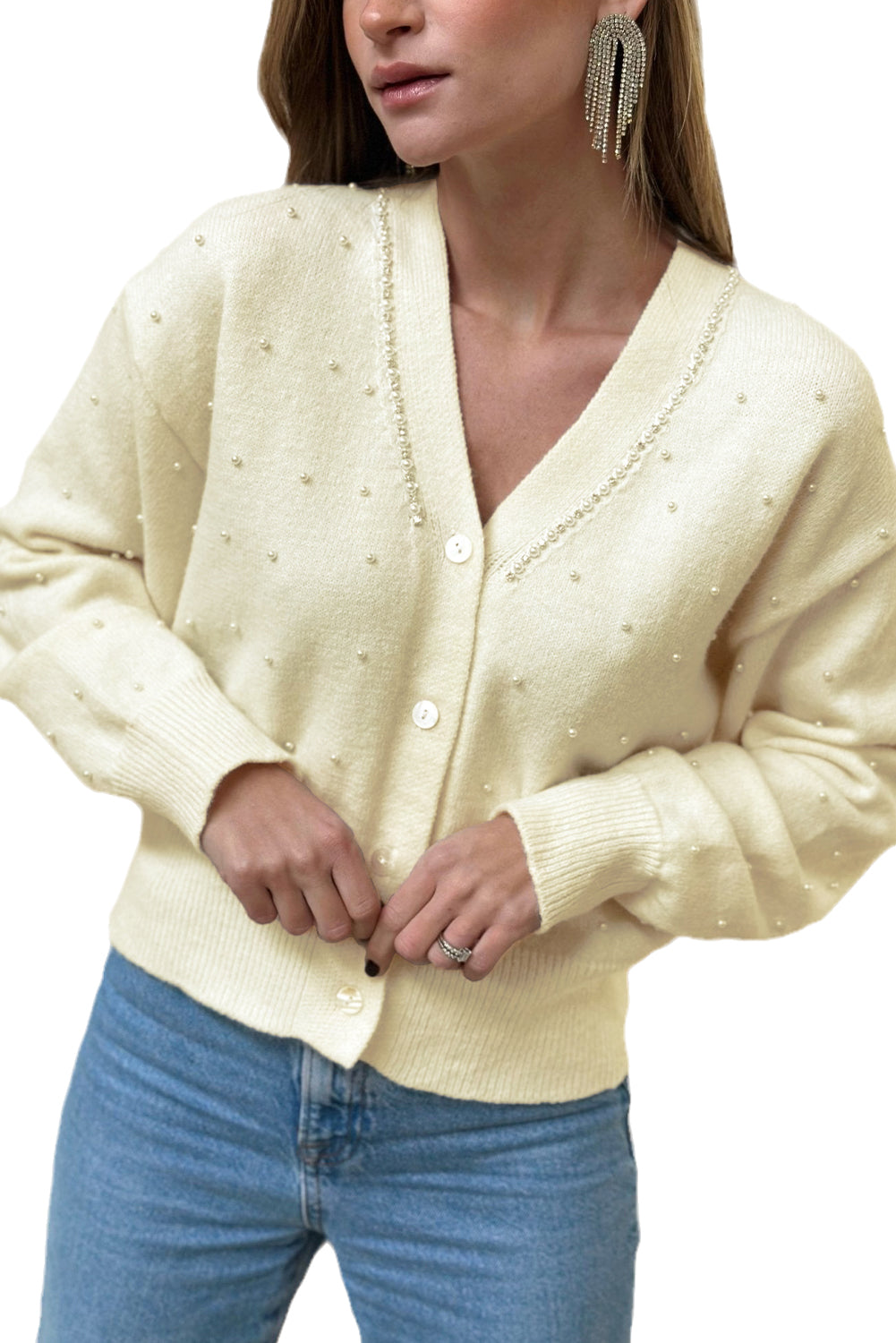 Cardigan en tricot boutonné sur le devant avec perles blanches