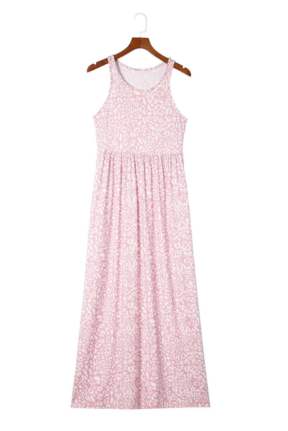 Ružičasta maksi haljina bez rukava s leopard printom i džepovima