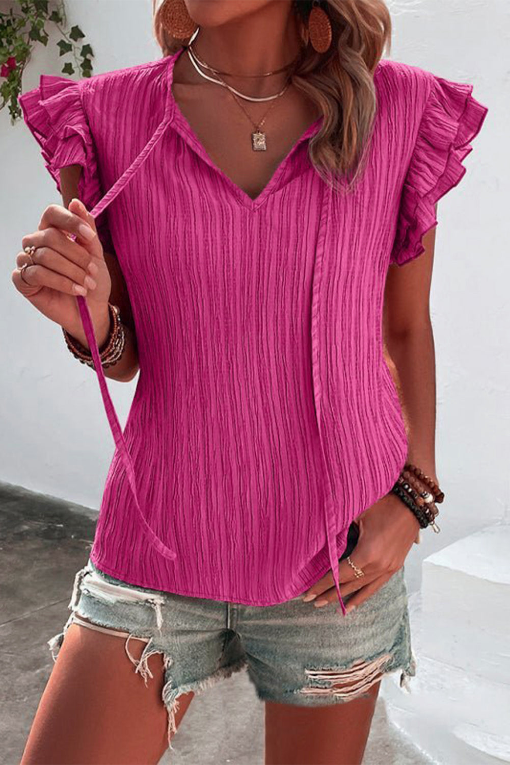 Rose Red Textured Ruffled Sleeve V Neck Top