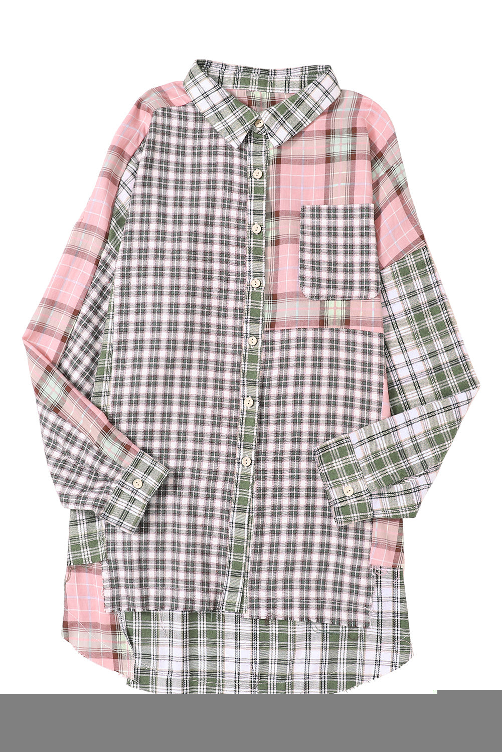 Večbarvna karirasta patchwork visoka nizka prevelika srajca