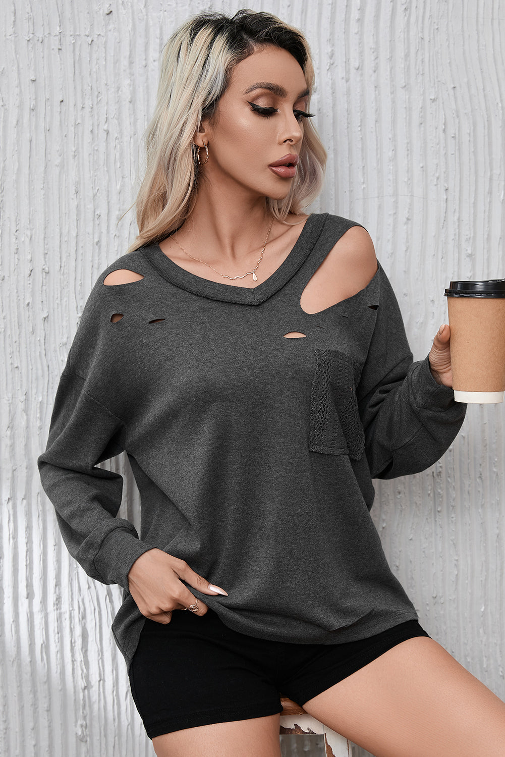 Gray Distressed V Neck Patch Pocket Long Sleeve Top