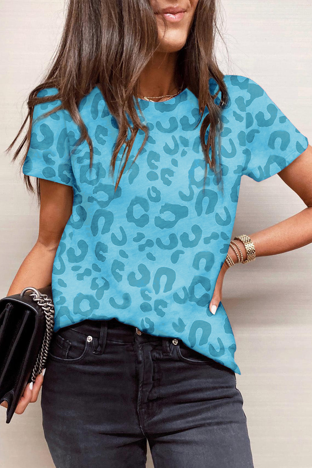 T-shirt à col rond bleu ciel à imprimé animal