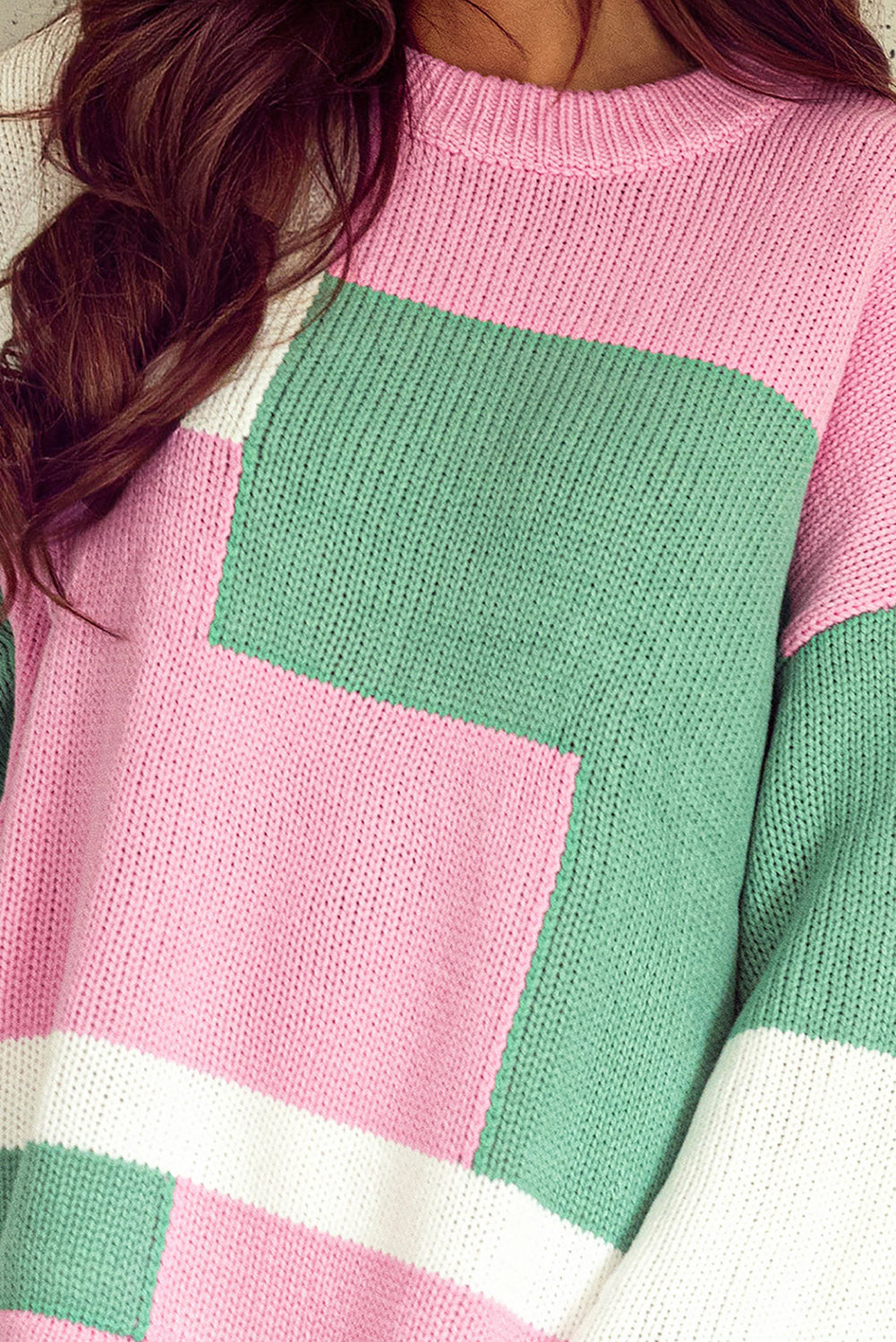 Rosafarbener Colorblock-Pullover mit überschnittenen Schultern und Glockenärmeln