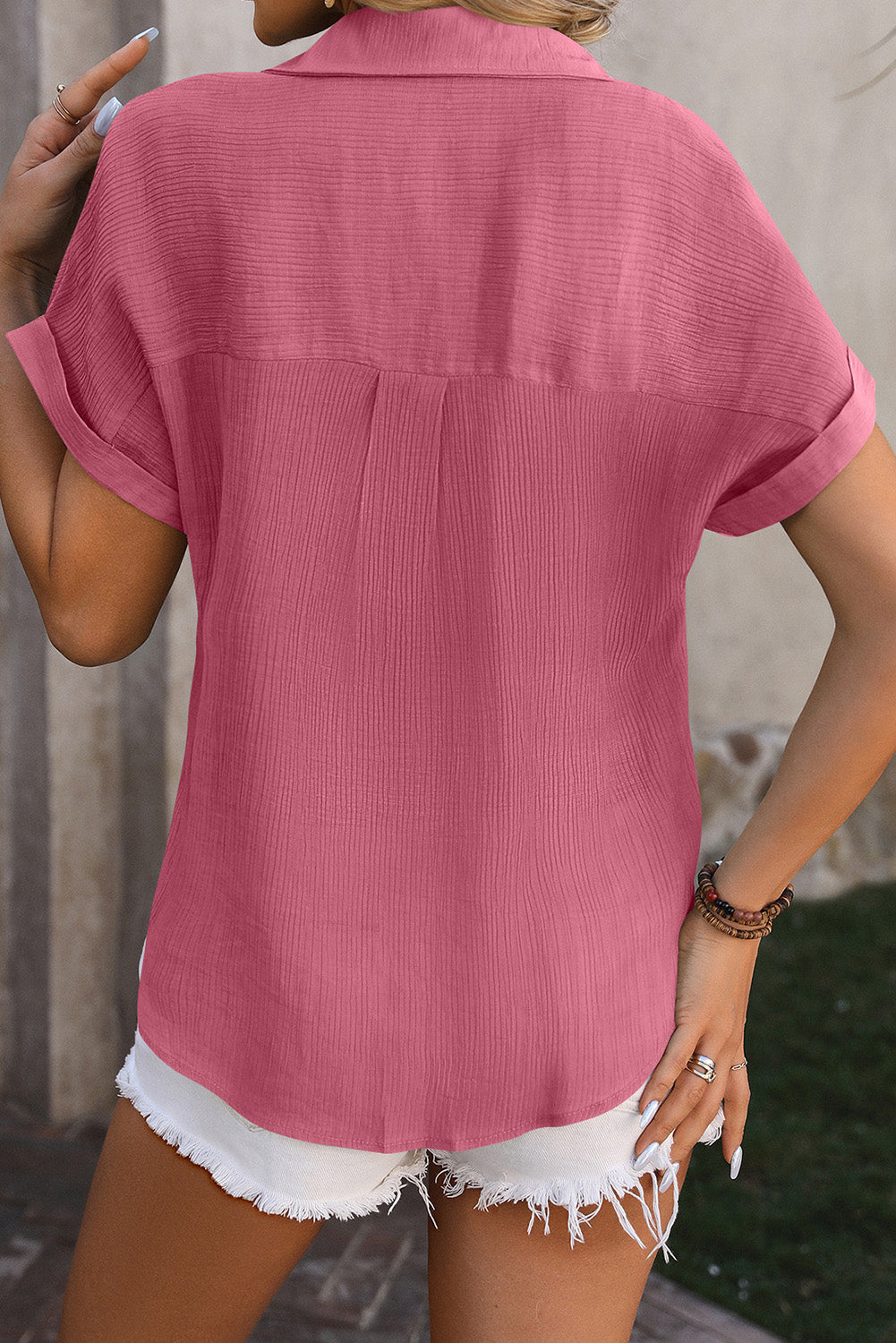 Rose Red Crinkle Textured Cuffed Short Sleeve Shirt