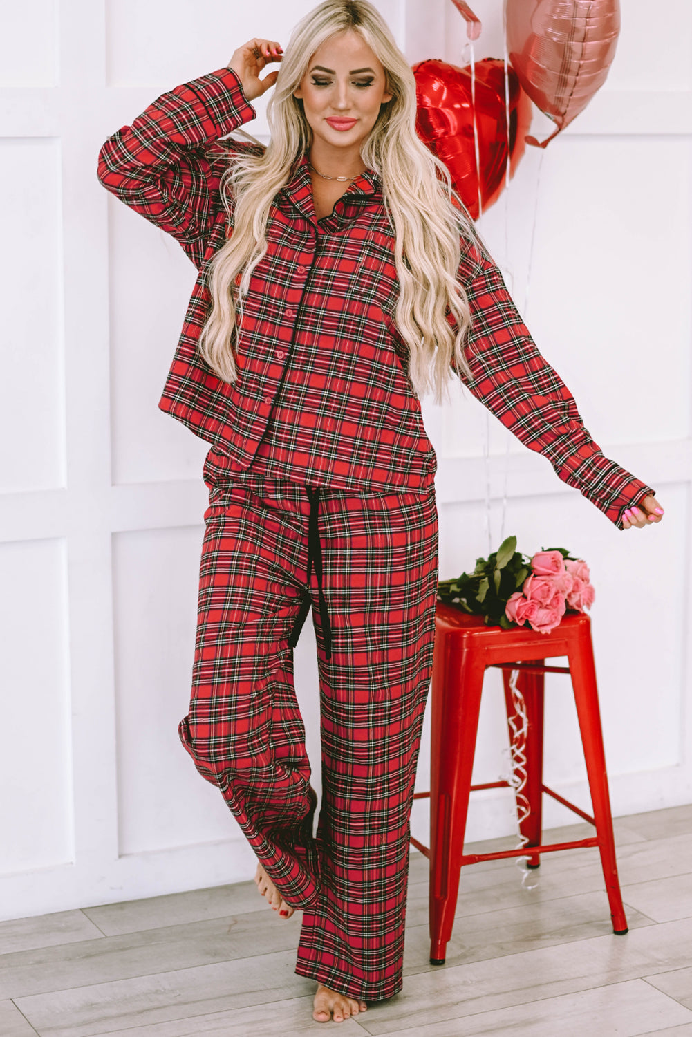 Fiery Red Tartan Plaid Print Long Sleeve Shirt and Pants Pajama Set