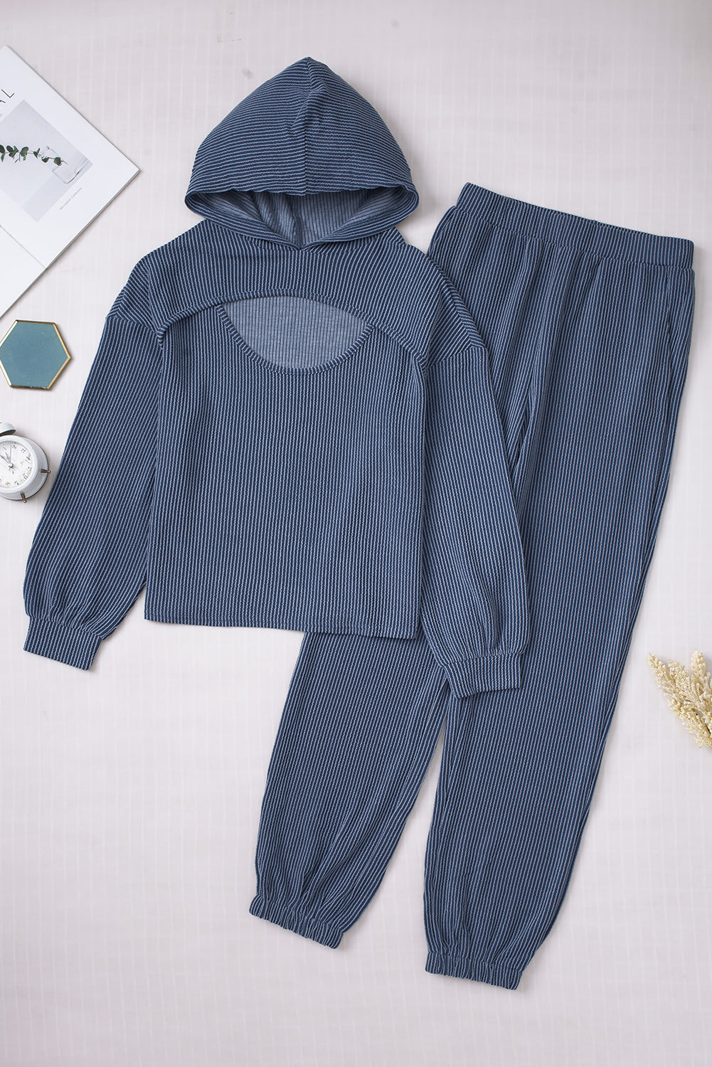 Blue Hollow-out Ribbed Hoodie Pants Casual 2pcs Outfit