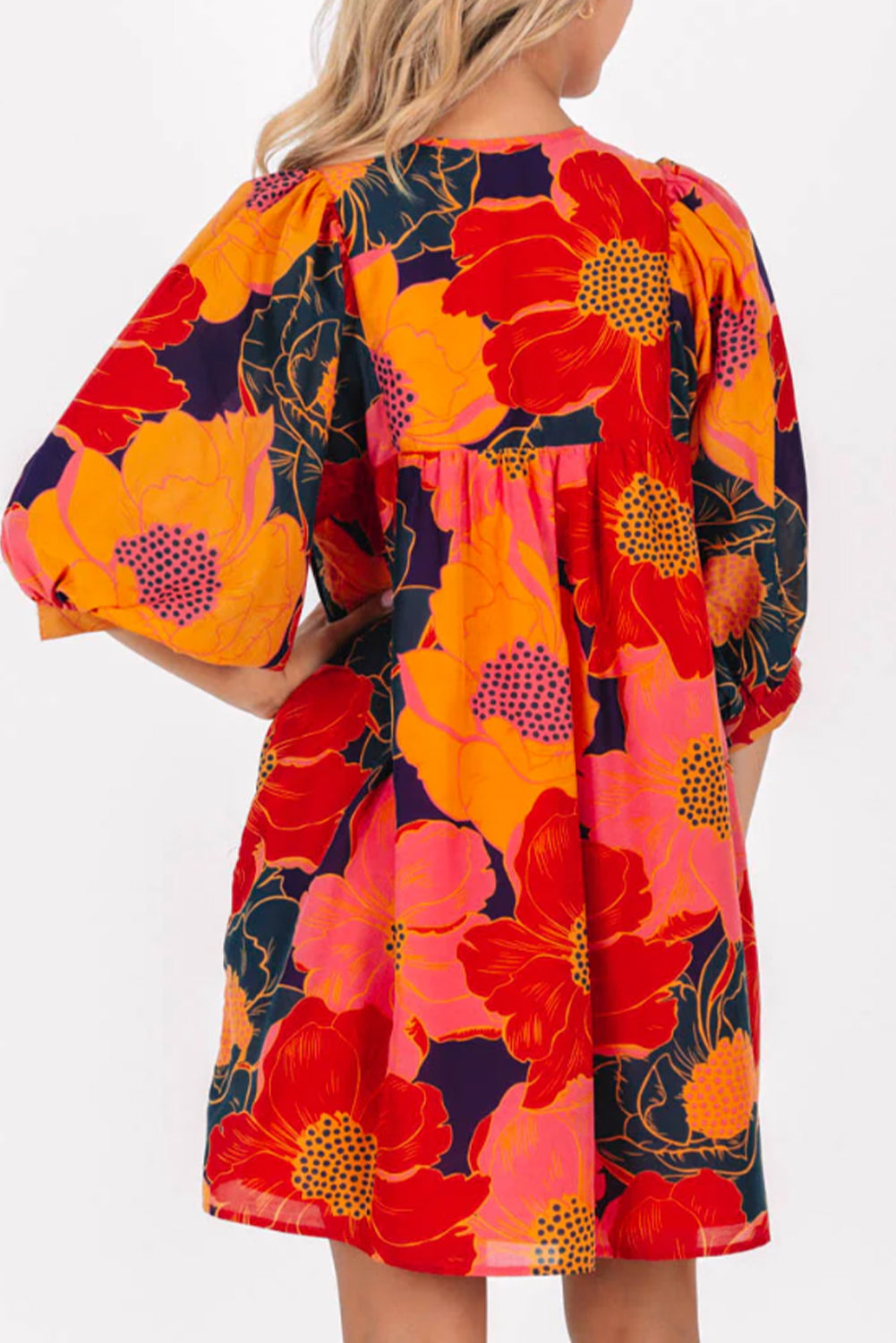 Oranžna mini obleka Babydoll s 3/4 rokavi in ​​cvetličnim vzorcem